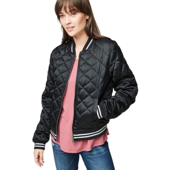 Aeropostale Women's Black Quilted Bomber Jacket with Striped Accents Size M EUC - Picture 1 of 7